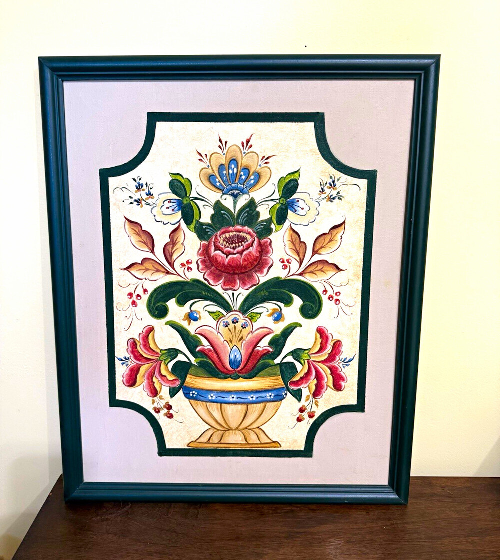 VTG Norwegian Rosemaling Painting - Original Hand Painted Folk Art Framed 17x21"